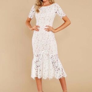 Vow’d Weddings‎ Ivory Lace Midi Dress Nude Lined Back Zip Ruffle Hem M Bridal